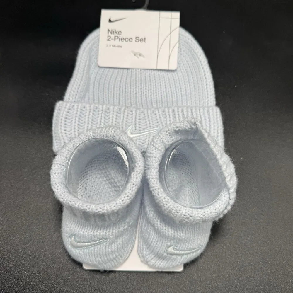 New Nike 2 Piece Set Beanie Booties Set 0-6 Months Blue Knit Pull On